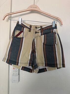 UNIONBAY Striped High-Rise Jean Shorts - Beige, Black & Rust